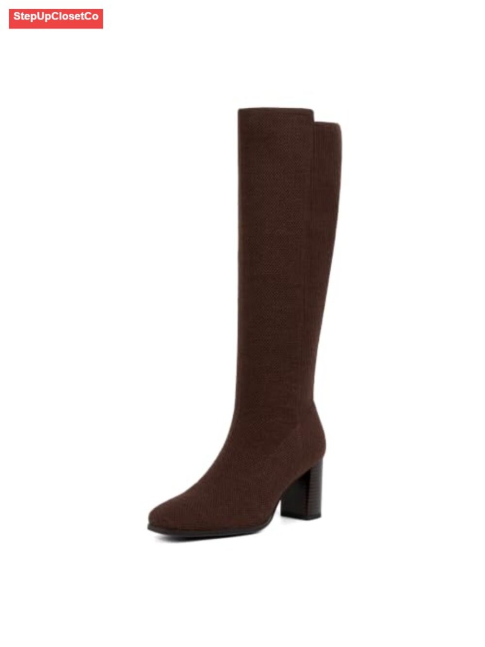 Stretchy Knee High Boots Women Square Toe Chunky Block Heel 2.8in Pull On